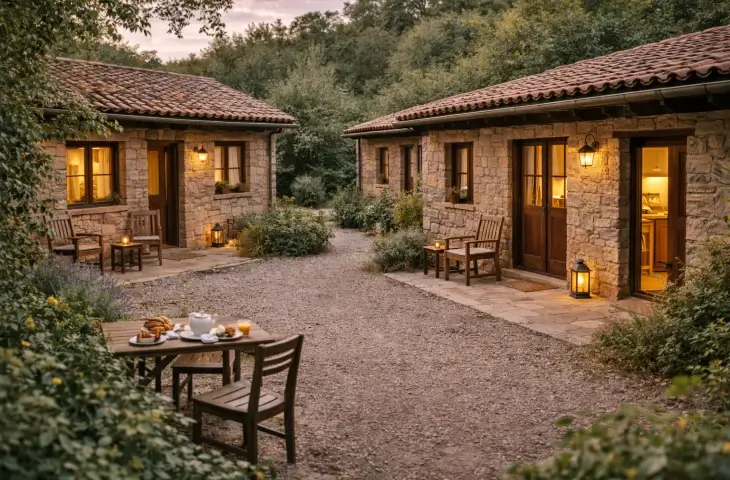 Az odalı taş evlerden oluşan sakin butik otel avlusu